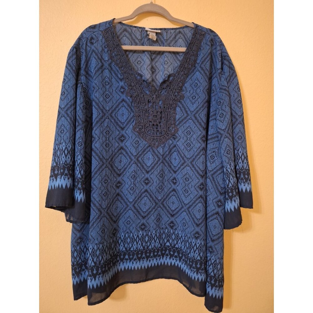 Catherines Blouse Size 3X Blue‎ Multi Lace Embellished 3/4 Sleeves